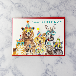 Illustrated Party Hat Animals Birthday Card