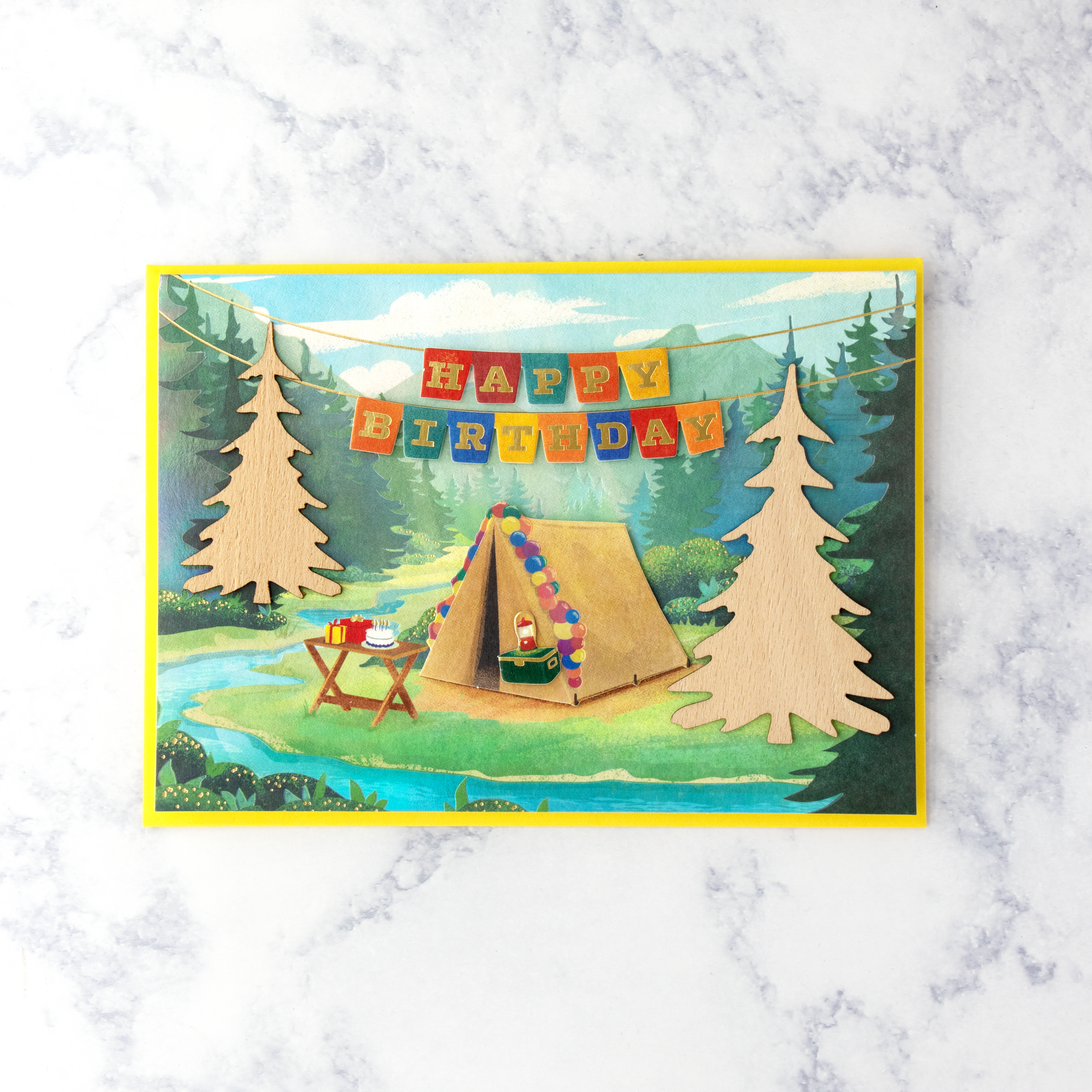 Laser-Cut Wood Tent With Banner Birthday Card