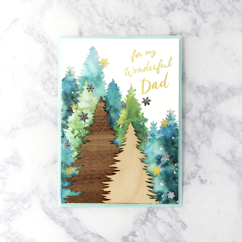 Laser-Cut Wood Watercolor Trees Christmas Card (Dad)