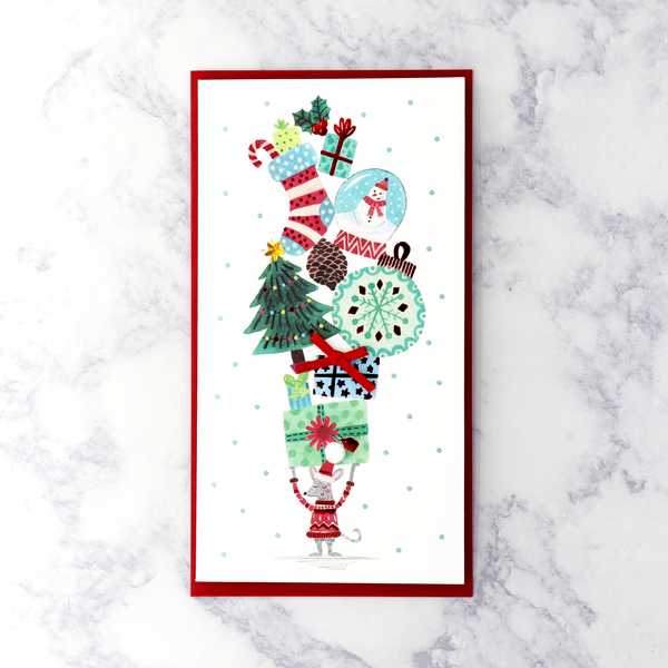 Mouse Holding Presents Money Enclosure Christmas Card