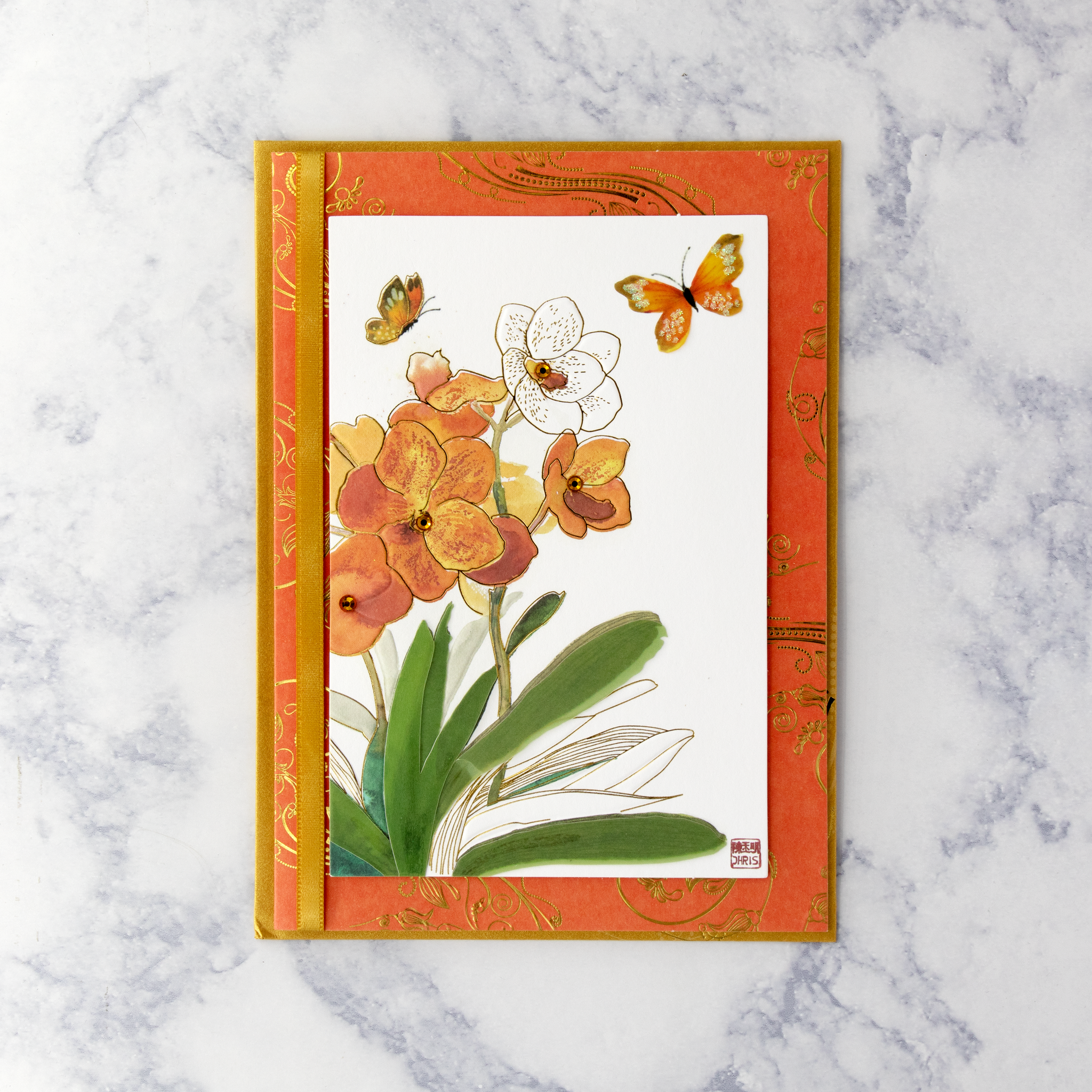 Orange Orchids Birthday Card