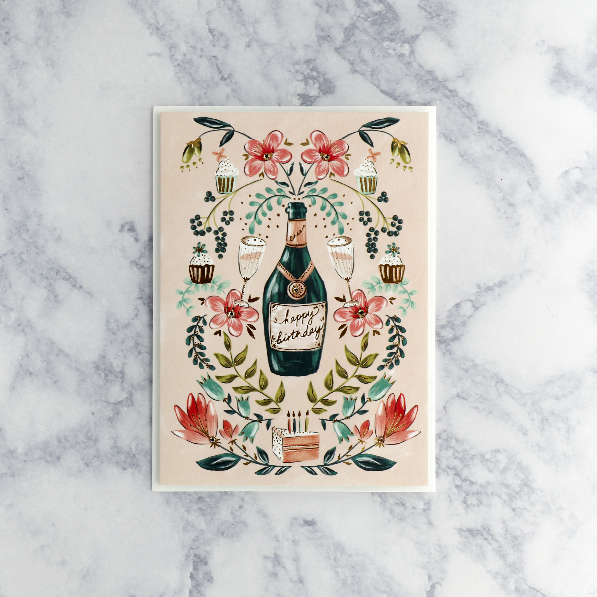 Prosecco In Floral & Cupcake Wreath Birthday Card