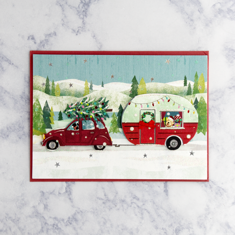 Santa Camper With Dog & Cat Christmas Card