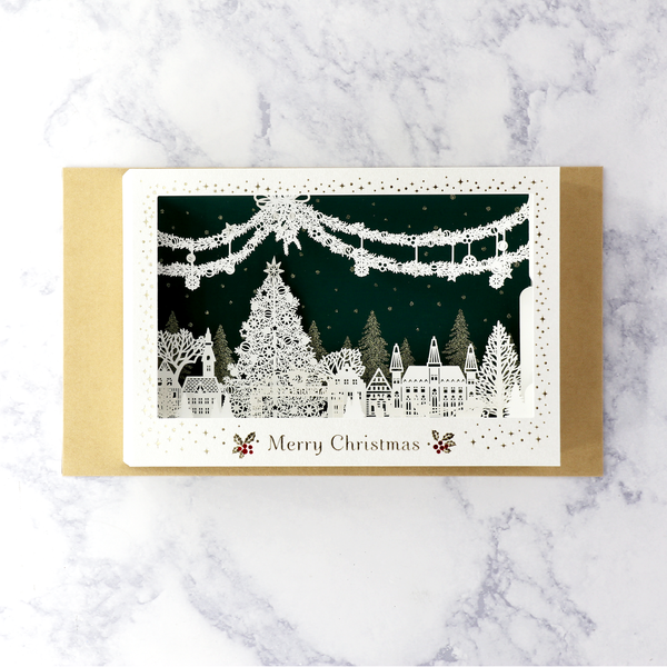 Shadowbox Snowy Tree Town Christmas Card
