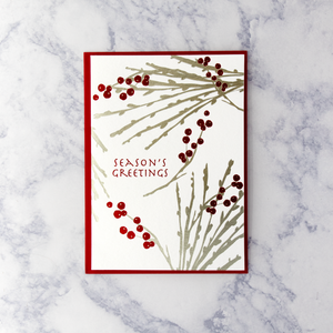 Letterpress Silver Boughs & Red Berries Holiday Card