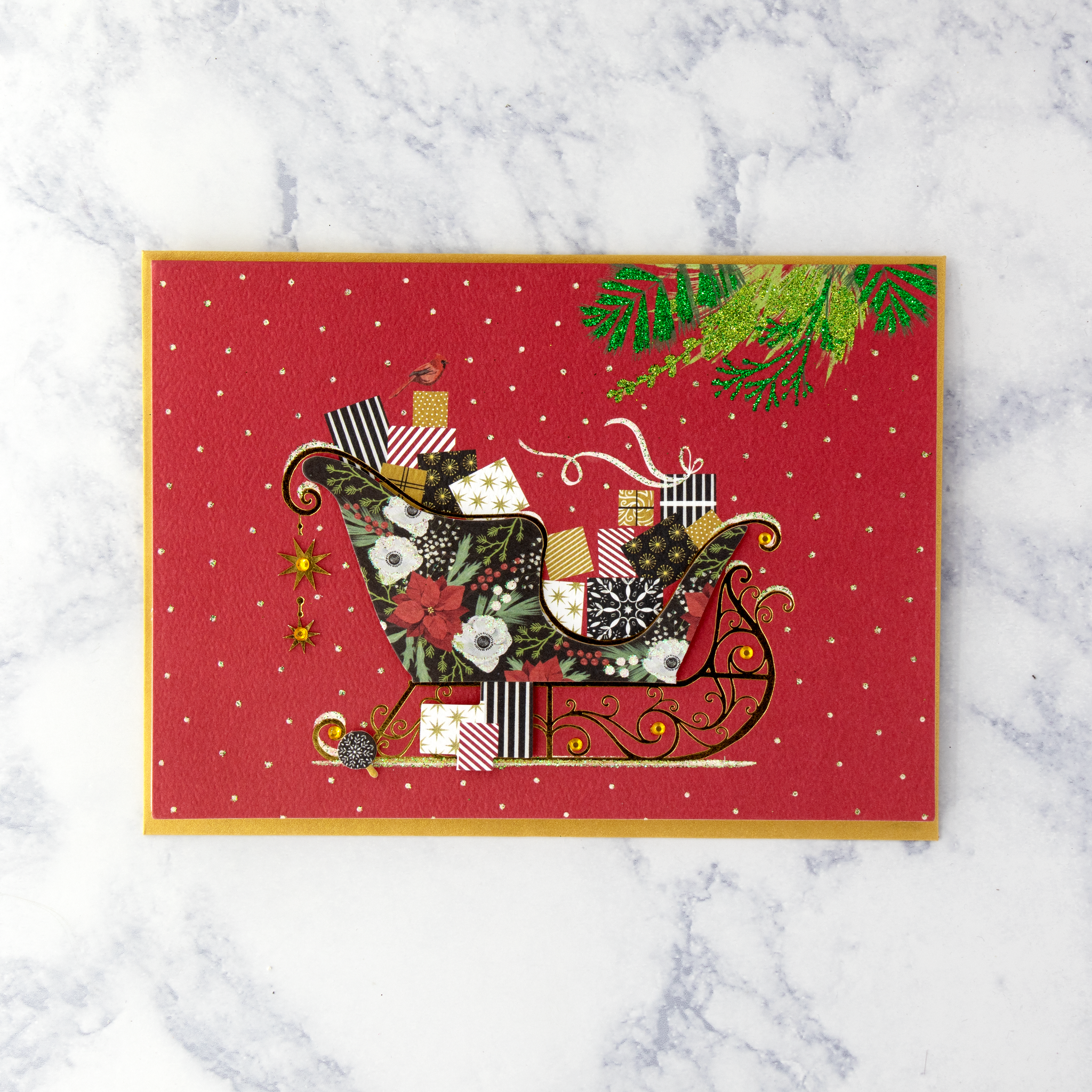 Handmade Sleigh On Red Christmas Card