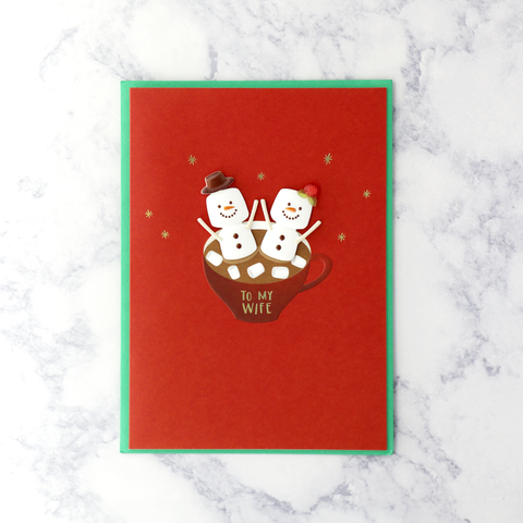 Snowman Hot Chocolate Romantic Holiday Card (Wife)