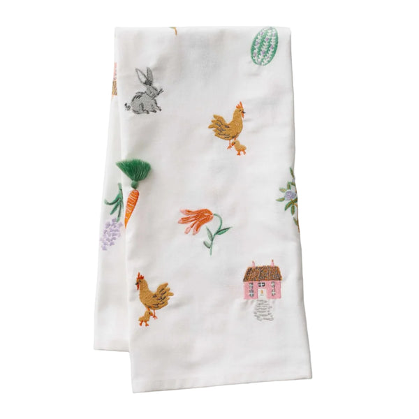 Embroidered Spring Farm Easter Tea Towel
