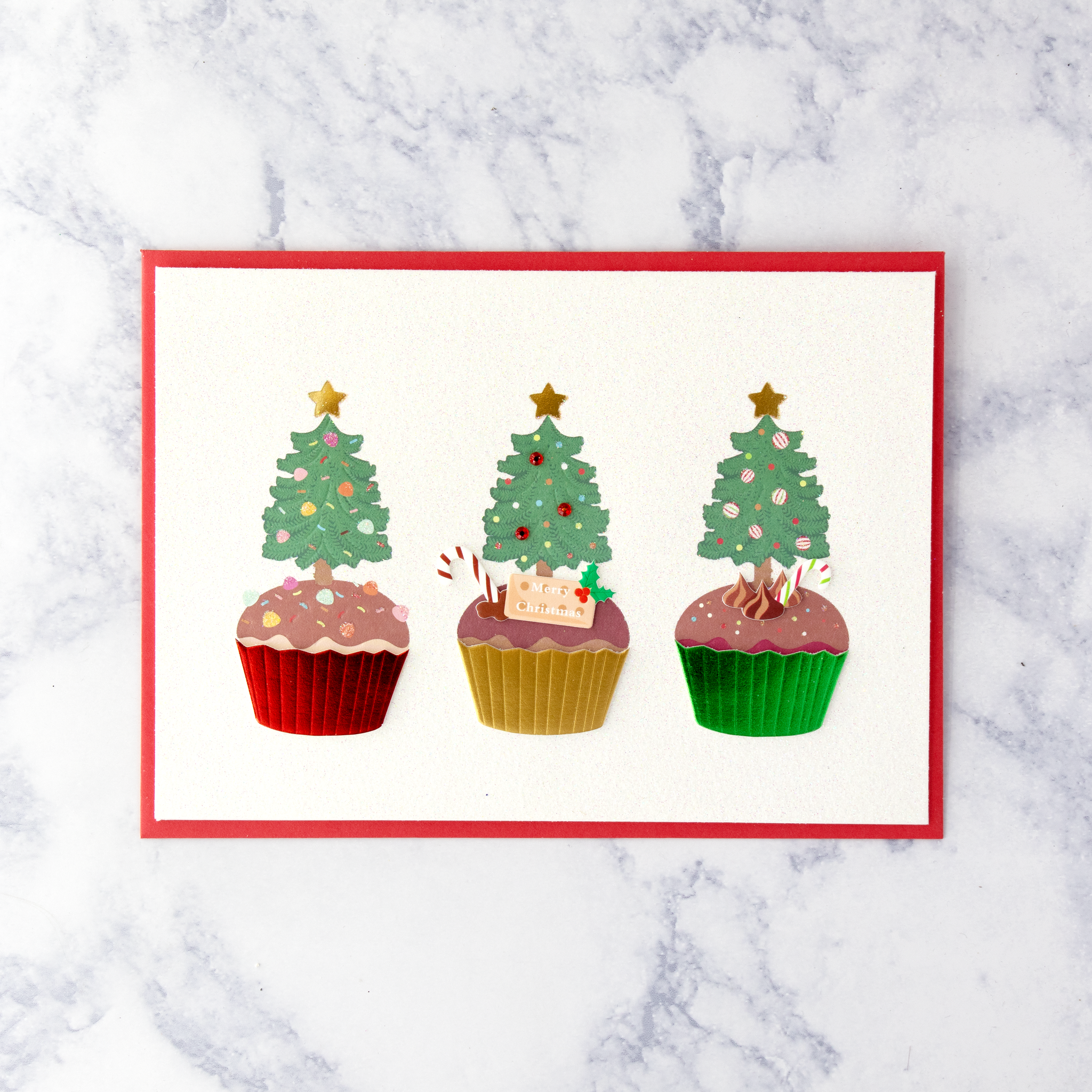 Handmade Three Tree Cupcakes Christmas Card