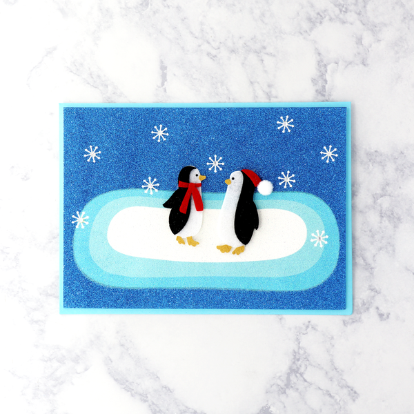 Handmade Two Felt Penguins and Snowflakes Romantic Holiday Card
