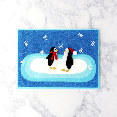 Handmade Two Felt Penguins and Snowflakes Romantic Holiday Card