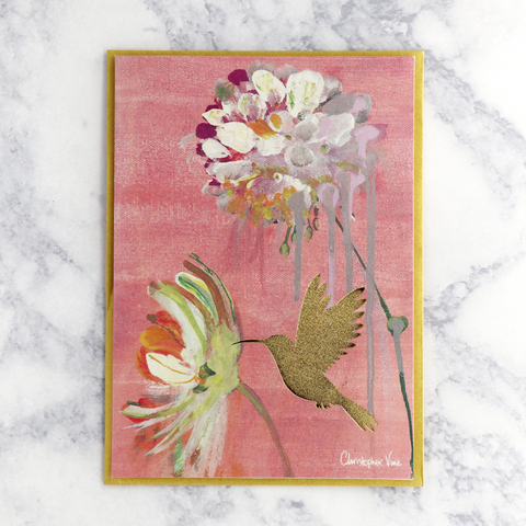 Two Flowers & Hummingbird Blank Card