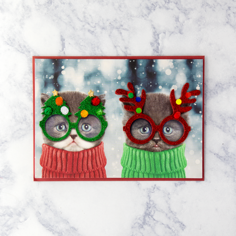 Two Kittens In Glitter Glasses Christmas Card