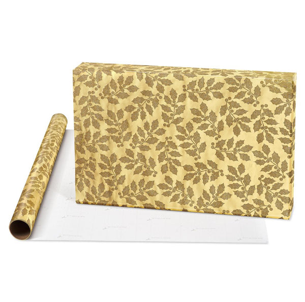 Gold Holly Pattern Christmas Roll Wrap