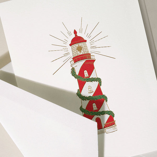 Hand Engraved Candy Cane Lighthouse Holiday Boxed Cards (Set of 10)