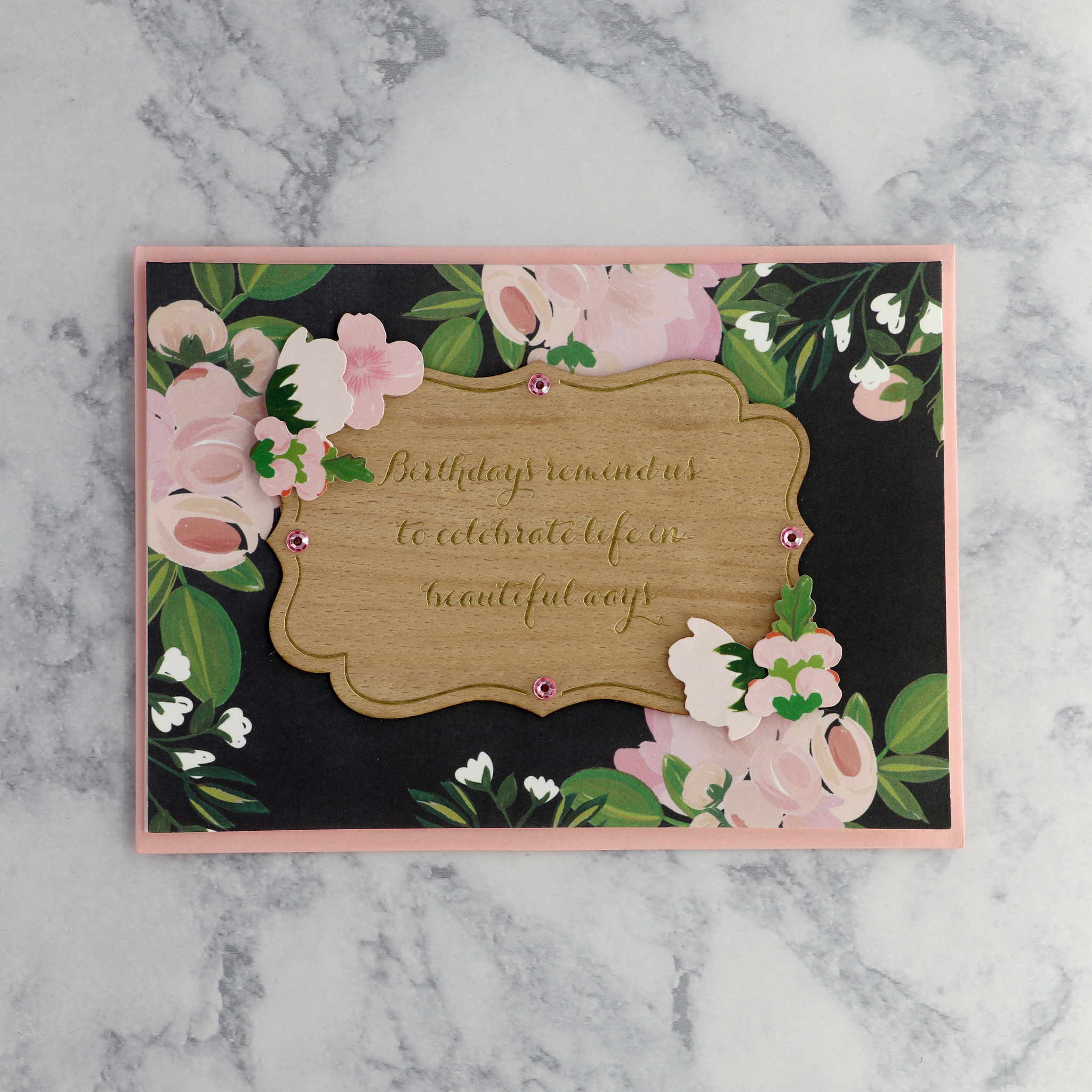 Cartouche Wood and Floral Birthday Card