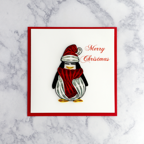 Handmade Cozy Penguin Quilling Christmas Card