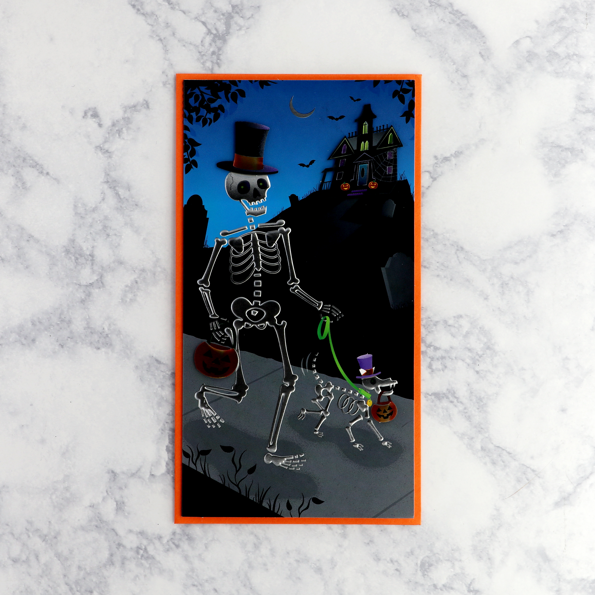 Embossed Skeleton Trick-or-Treater Halloween Card