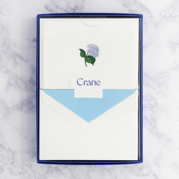 Hand Engraved Blue Hydrangea on Pearl White Boxed Notes (Set of 10)