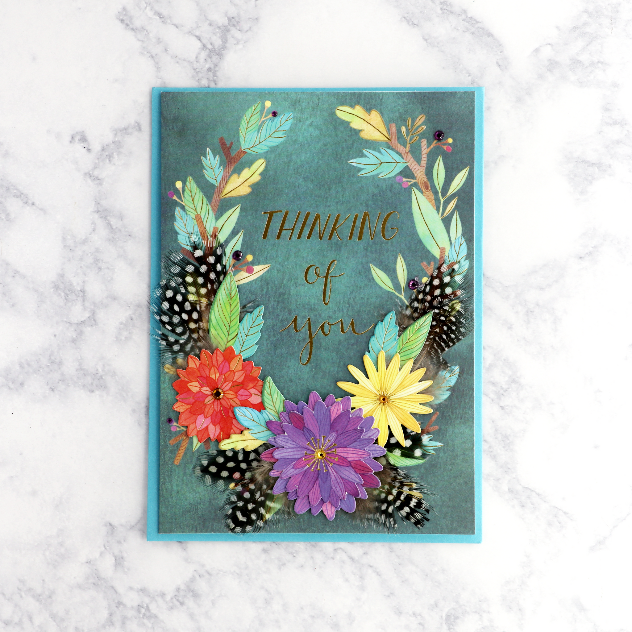 Faux Feathers "Thinking Of You" Thanksgiving Card