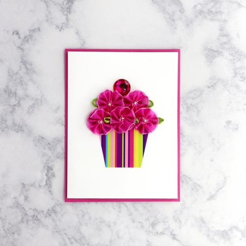 Handmade Fabric Flower Cupcake Birthday Card