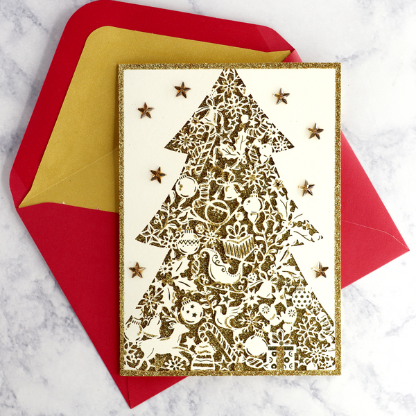 Handmade Lasercut Gold Tree Christmas Boxed Cards (Set of 8)