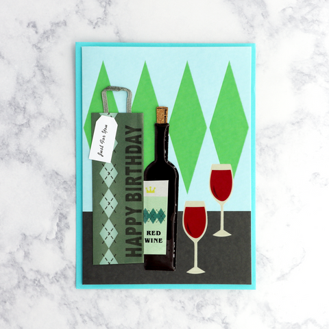 Handmade Wine Bottle & Argyle Bag Birthday Card
