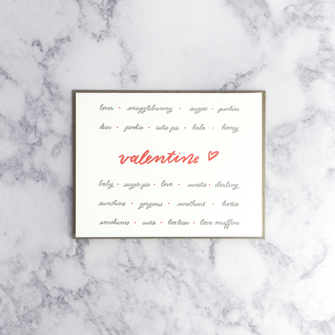 Letterpress Nicknames Valentine's Day Card