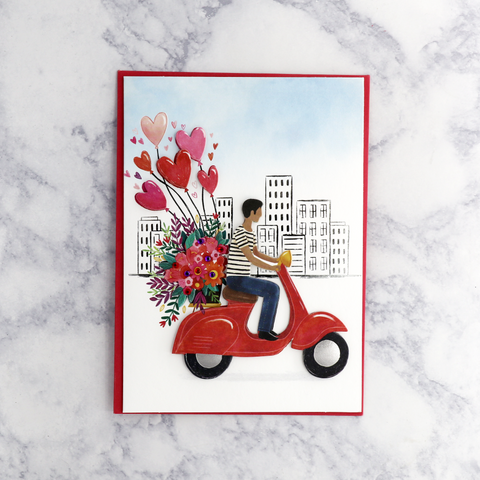 Man On Vespa With Bouquet Valentine’s Day Card