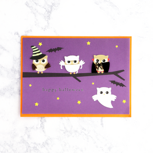 Owls In Costume On Branch Halloween Card
