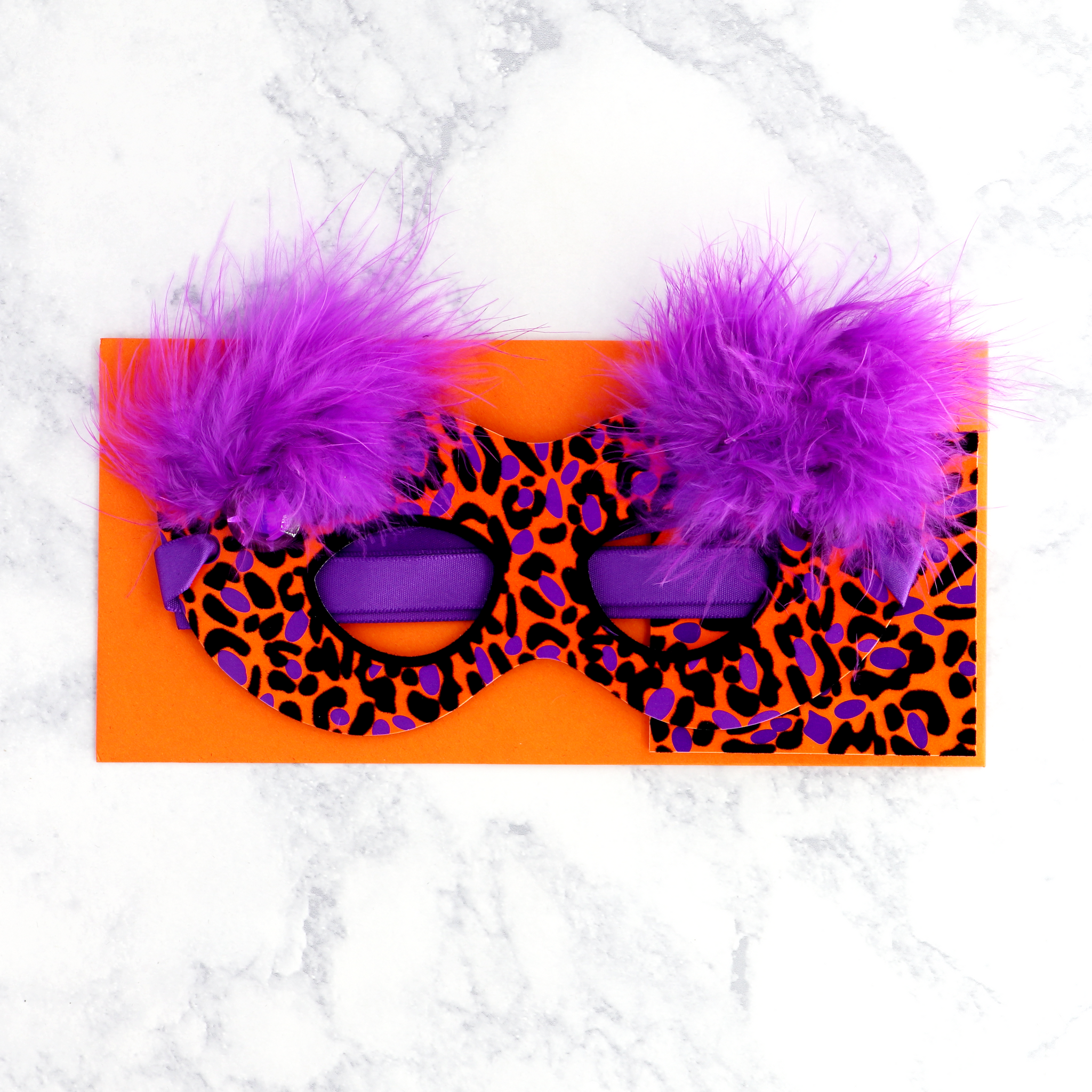 Purple Feathers Cheetah Print Wearable Mask Halloween Card