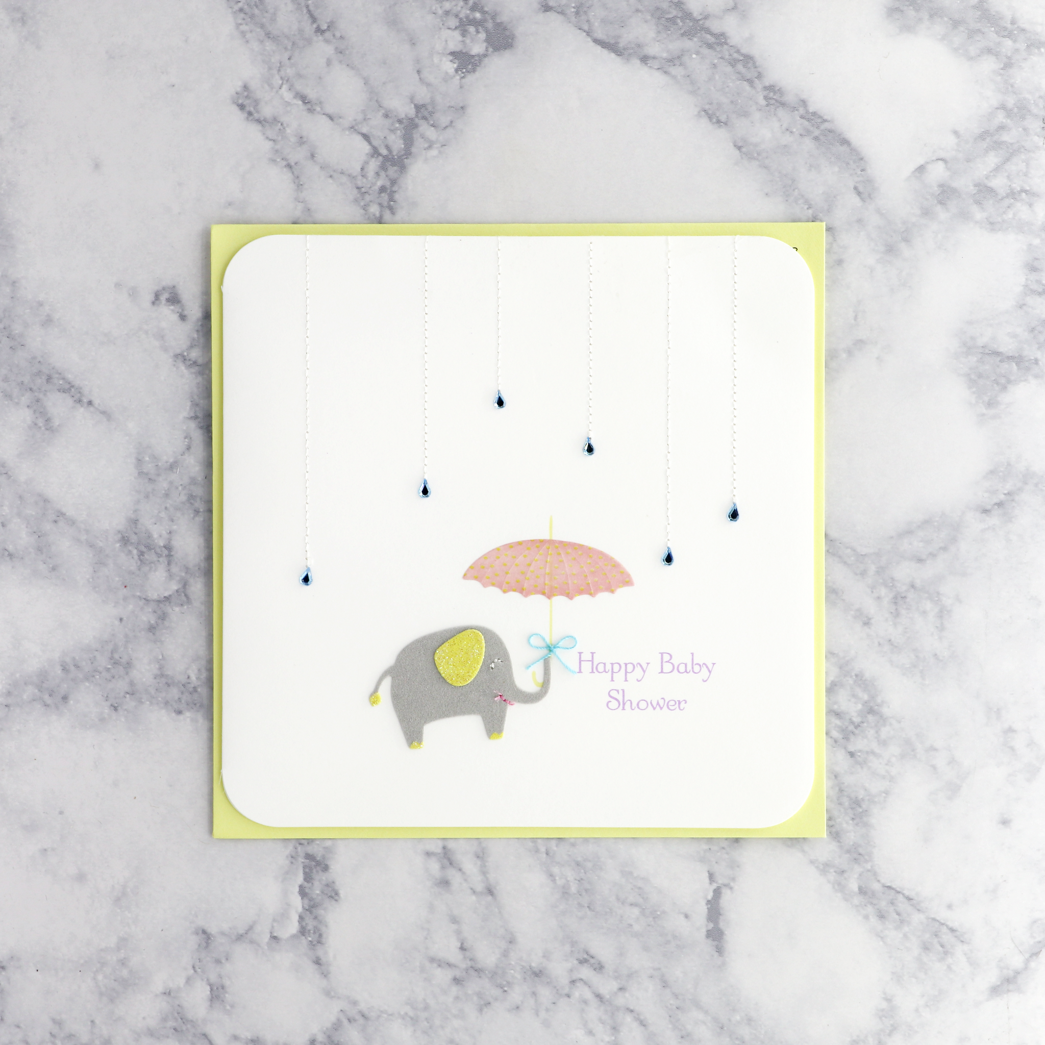 Raindrops, Umbrella & Elephant Baby Shower Card